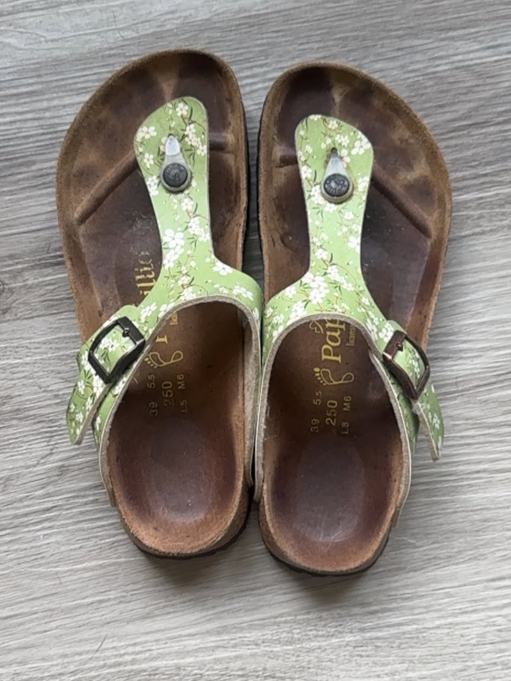 Papillio Light Green Floral Leather Thong Sandals